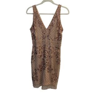 Verte Medium Rose Gold Sequined Beaded V Neck Mini Dress Cocktail Homecoming